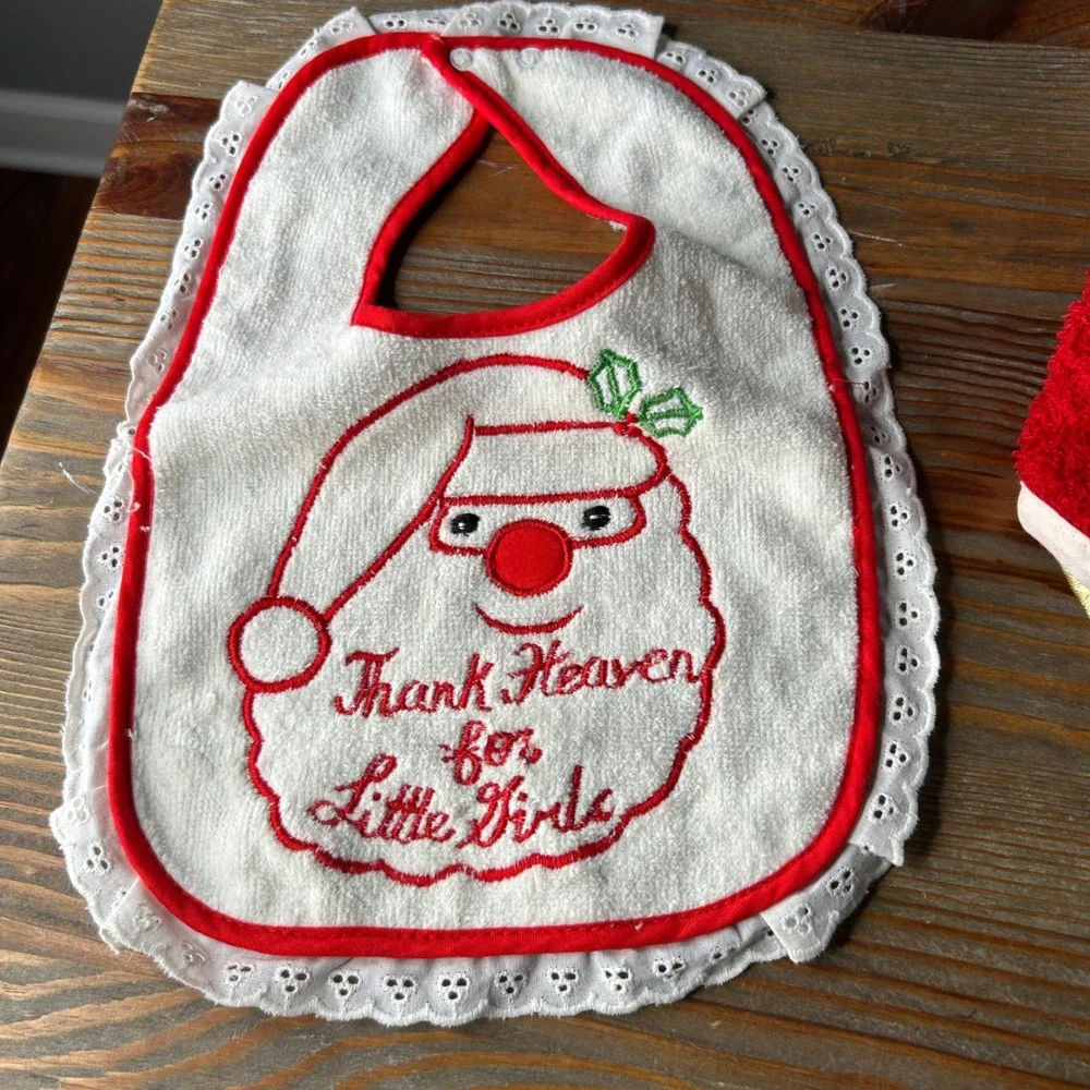 Vintage Christmas Baby Bibs Set Santa Angel Teddy Bear Terry‎ Cloth